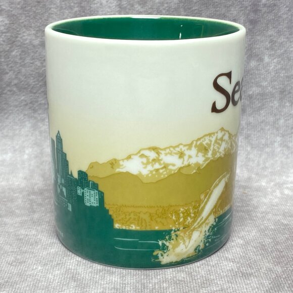 Starbucks Seattle 2011 Coffee Mug Mountains 16oz Green Whale Skyline Cup - Picture 3 of 7